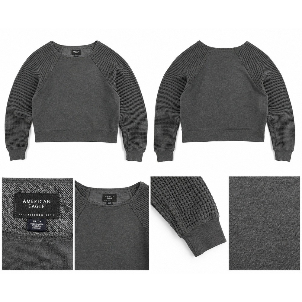 American Eagle Waffle Knit Raglan Crewneck Sweatshirt Gray Green Small